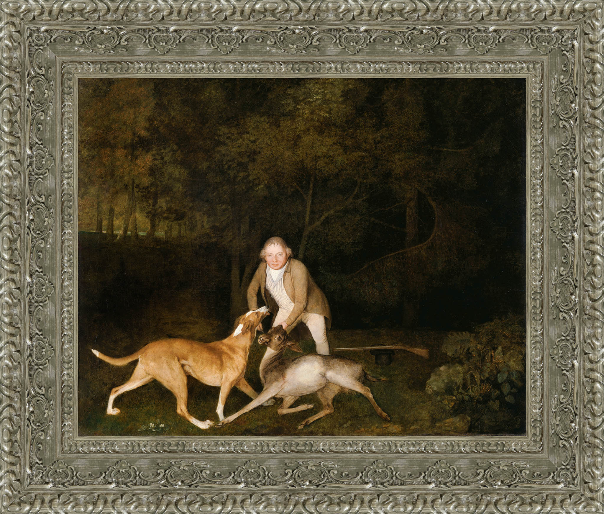 Freeman The Earl Of Clarendons Gamekeeper With A Dying Doe And Hound by George Stubbs — Framed Giclee Canvas Print | Canvas Classics