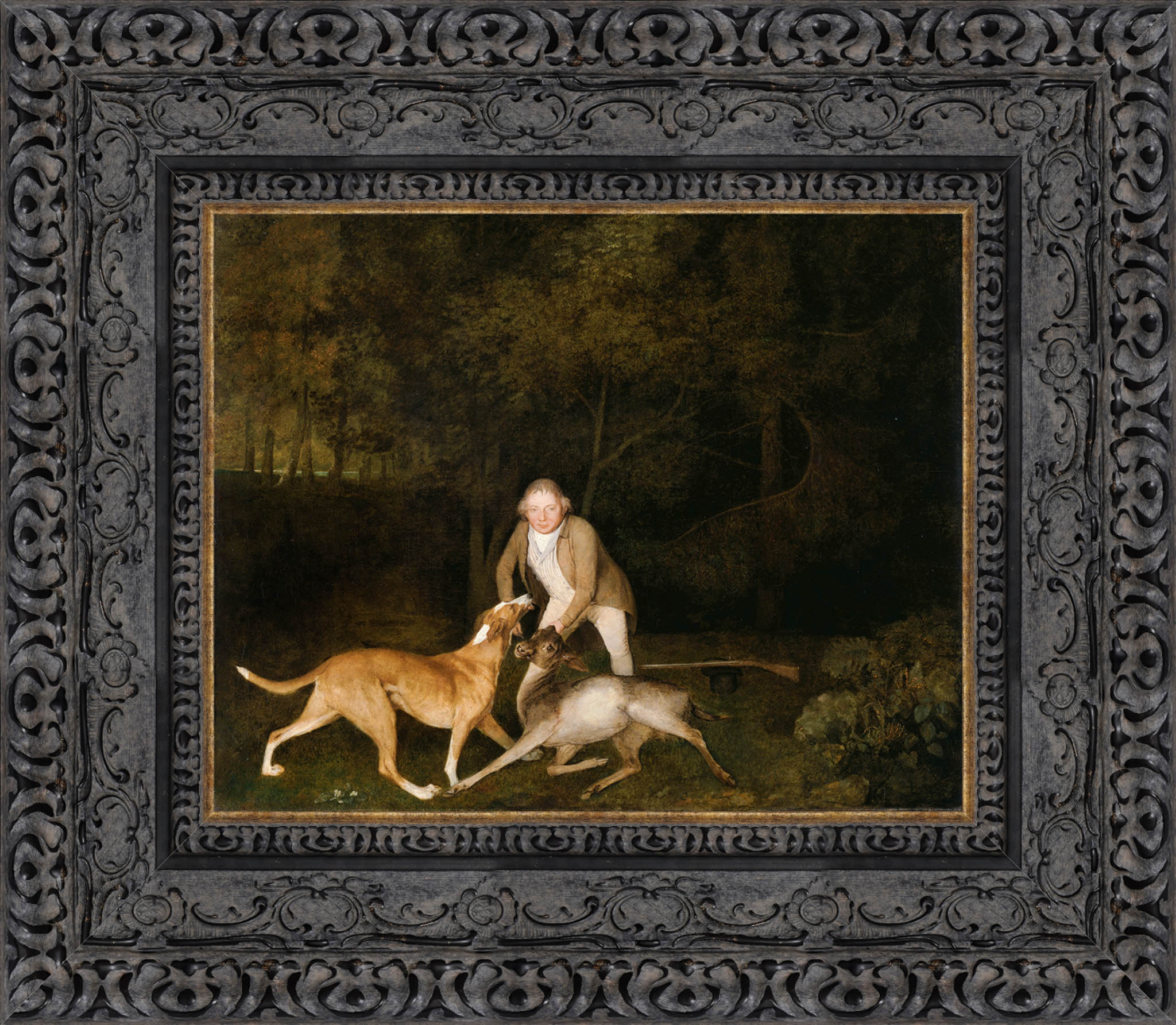 Freeman The Earl Of Clarendons Gamekeeper With A Dying Doe And Hound by George Stubbs — Framed Giclee Canvas Print | Canvas Classics