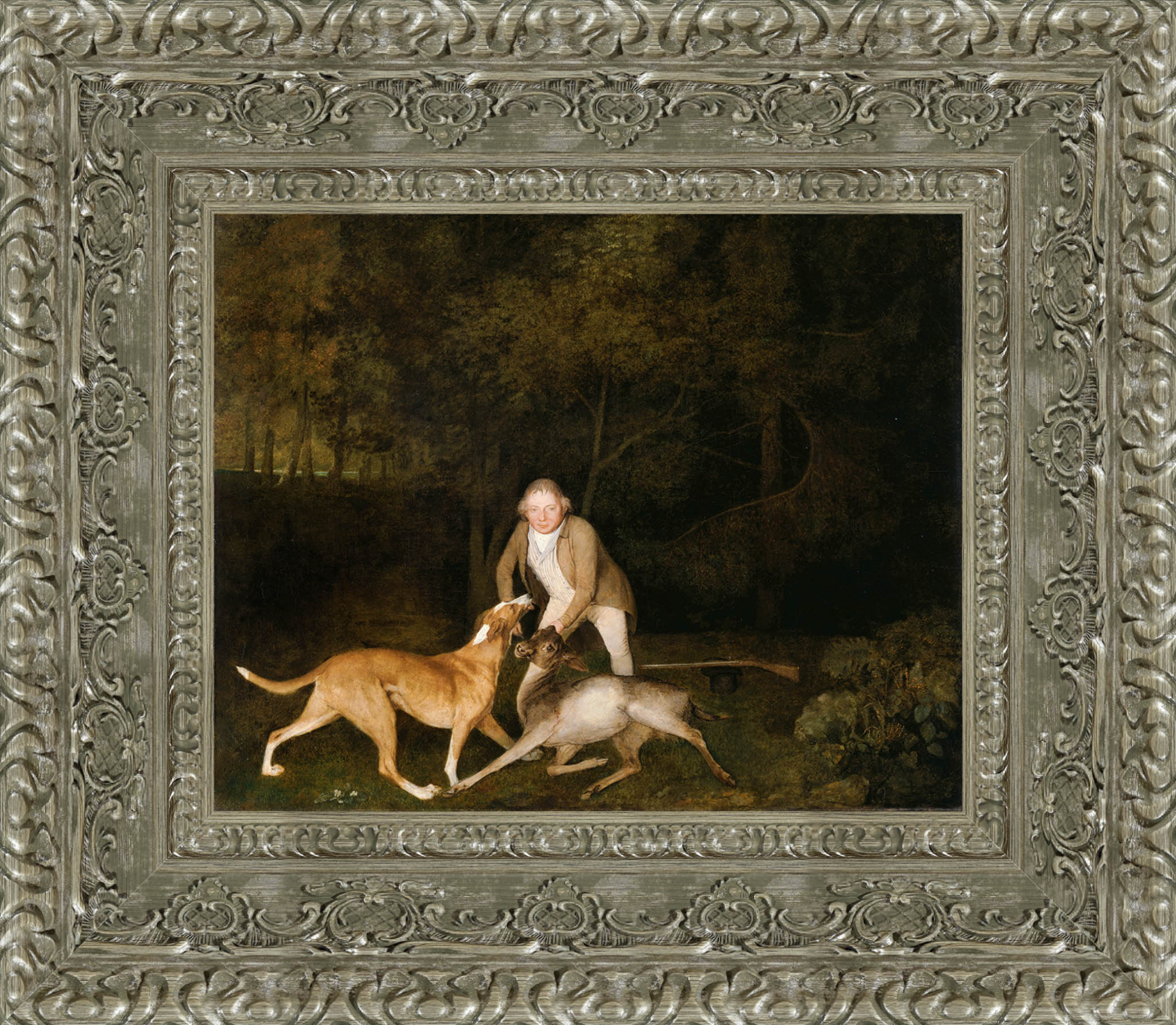 Freeman The Earl Of Clarendons Gamekeeper With A Dying Doe And Hound by George Stubbs — Framed Giclee Canvas Print | Canvas Classics
