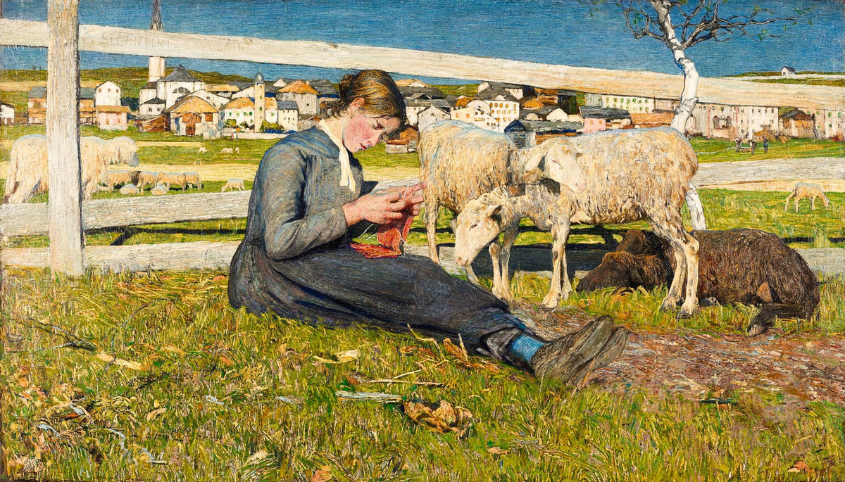 Girl Knitting in Savognin – Giovanni Segantini, 1888, framed