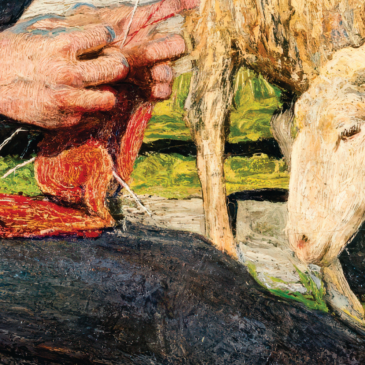 Girl Knitting in Savognin – Giovanni Segantini, 1888, print detail at full resolution