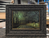 Silver Moonlight – John Atkinson Grimshaw, framed canvas on a worktable