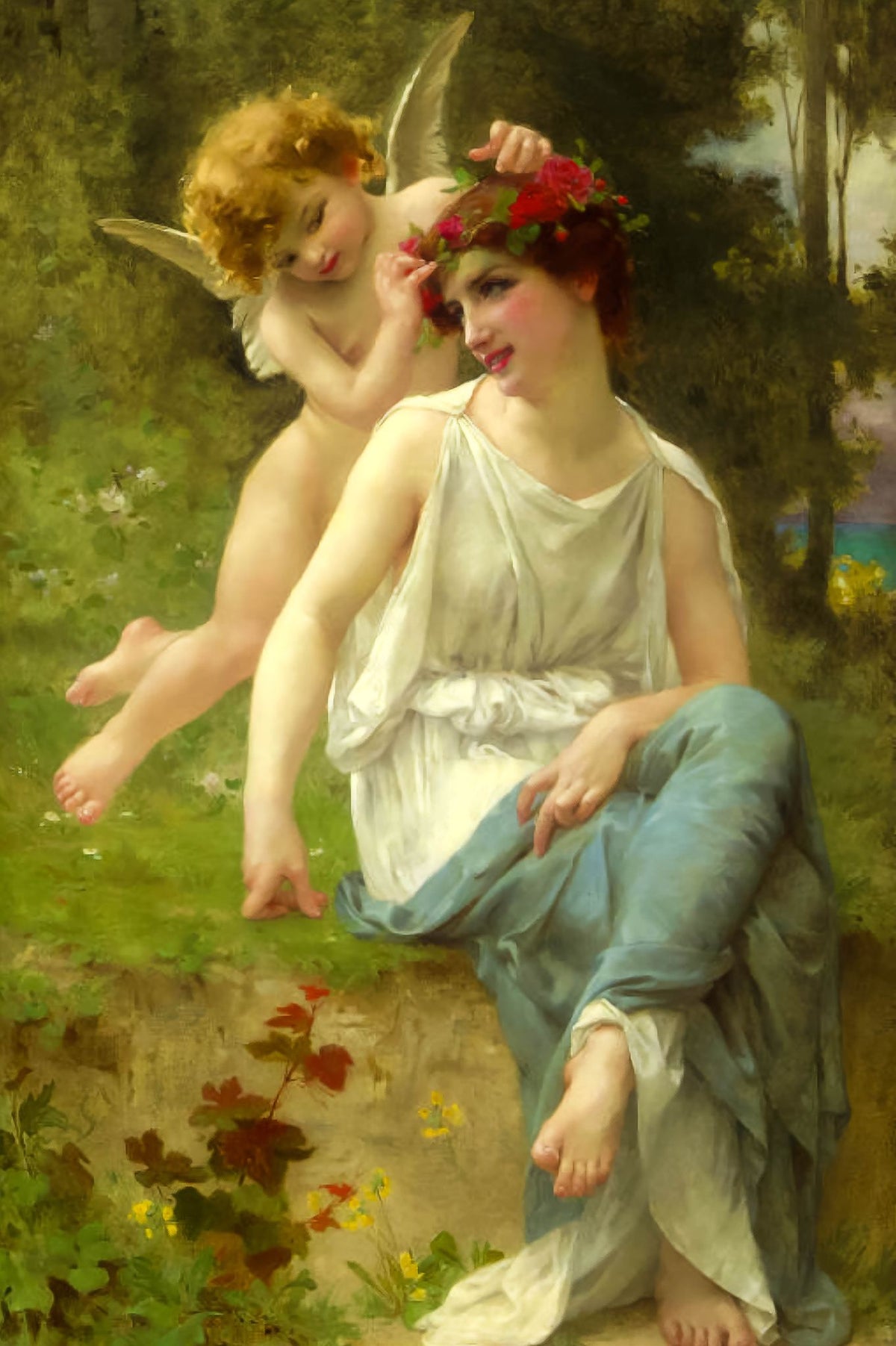 Cupid Adorning A Young Maiden – Guillaume Seignac, 1890, framed
