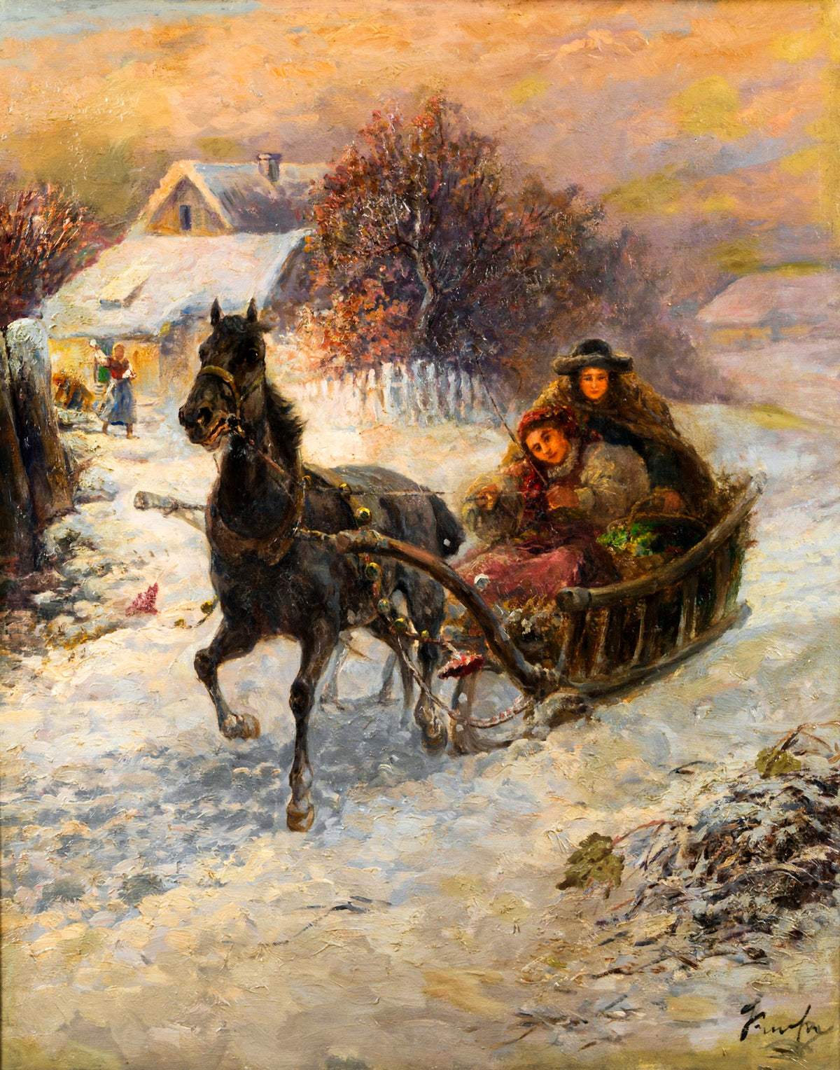 Fröhliche Schlittenfahrt – Gustav Prucha, c. 1895, framed