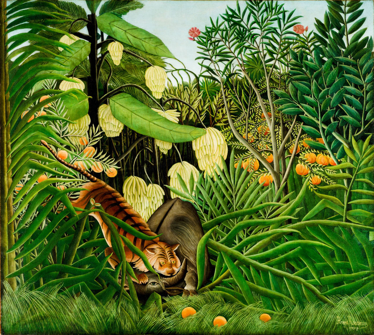 Combat of a Tiger and a Buffalo (Combat de tigre et de buffle) – Henri Rousseau, 1908, framed