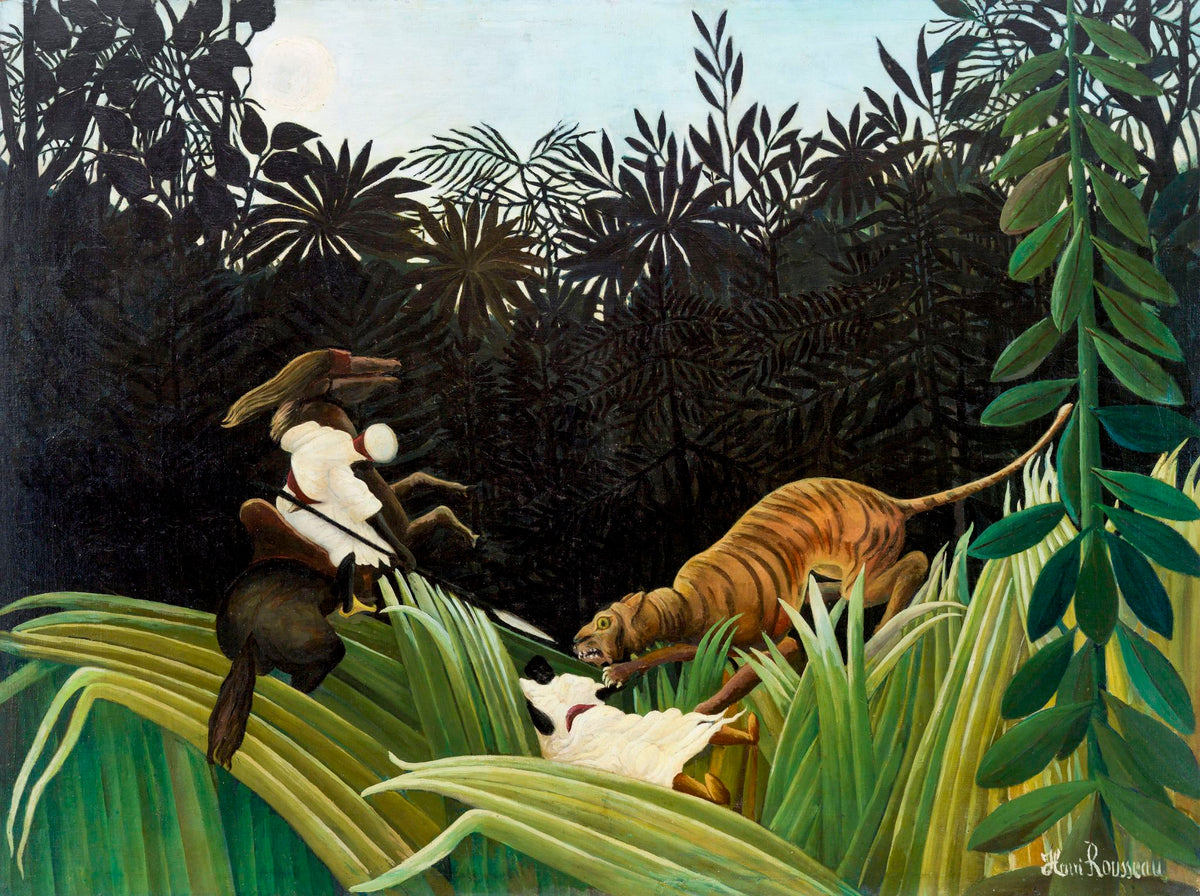 Scouts Attacked by a Tiger (Les Renseignements) – Henri Rousseau, 1908, framed