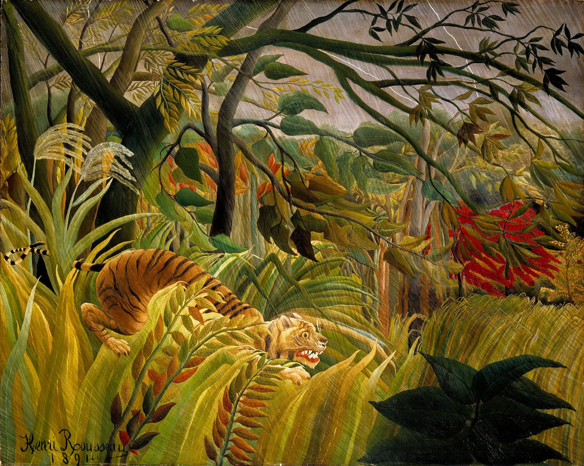Tiger in a Tropical Storm (Surprised!) (Tigre dans une tempête tropicale (Surpris !)) – Henri Rousseau, 1891, framed