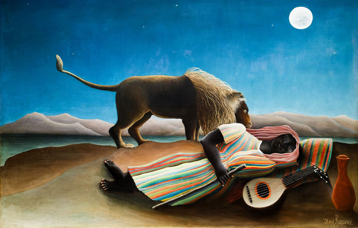 The Sleeping Gypsy (La Bohémienne endormie) – Henri Rousseau, 1897, framed
