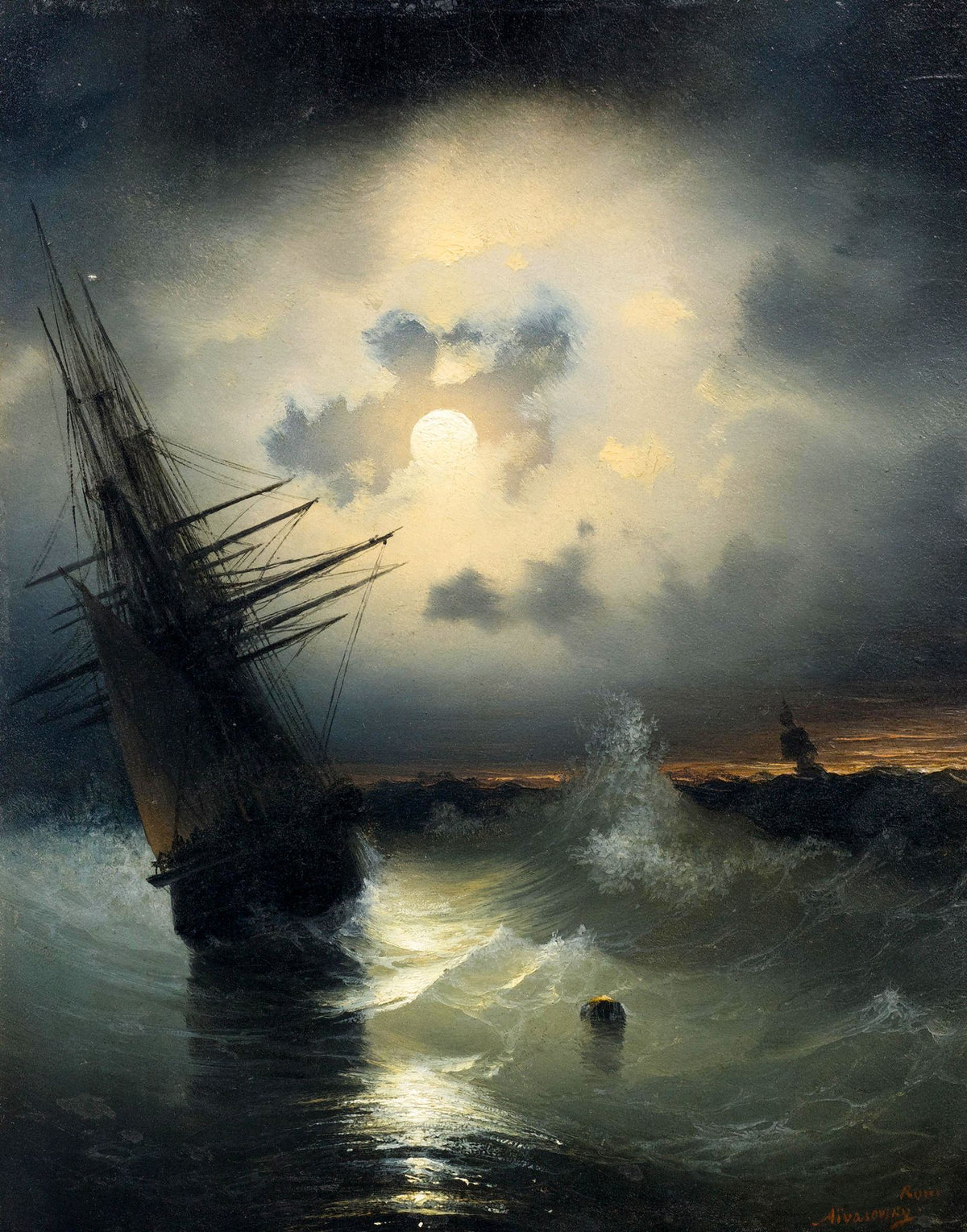 Sailing Ship on the High Seas by Moonlight – Ivan Aivazovsky, 1840, framed