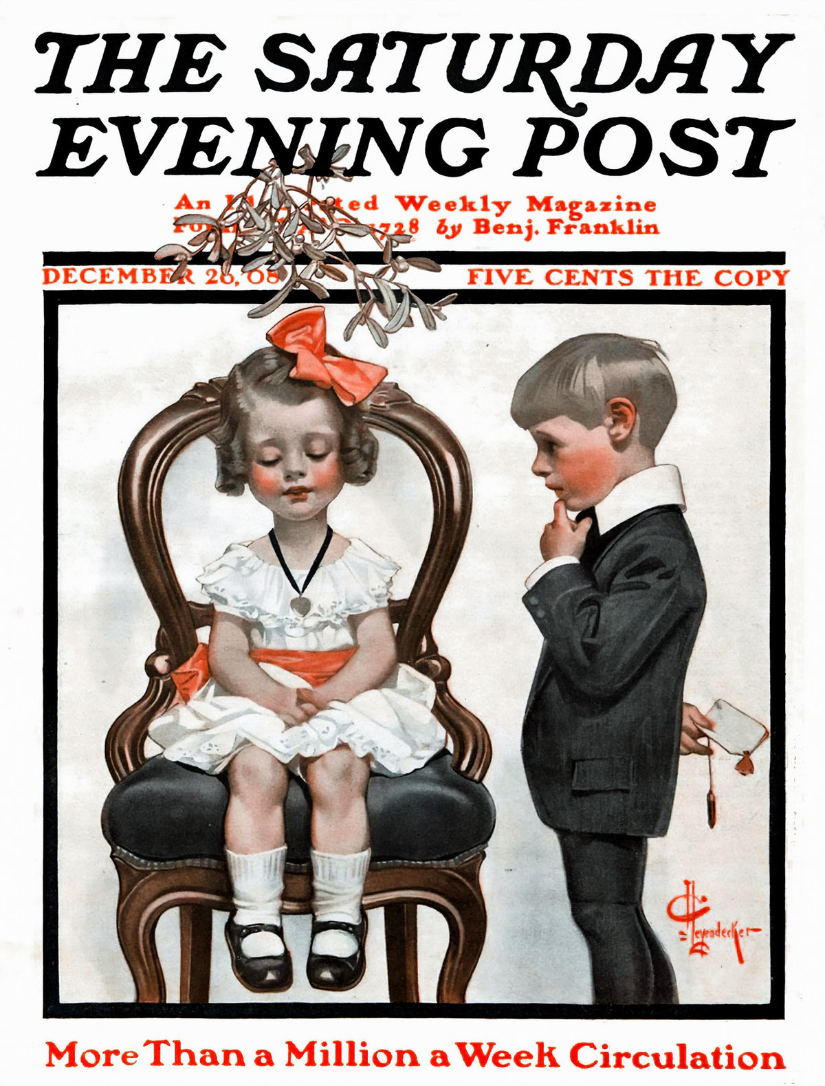 Under the Mistletoe (Saturday Evening Post, December 26, 1908) – J. C. Leyendecker, 1908, framed