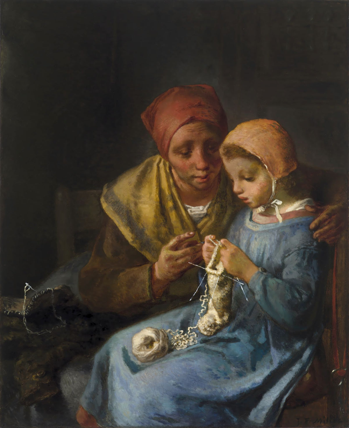 The Knitting Lesson – Jean-François Millet, c. 1869, framed