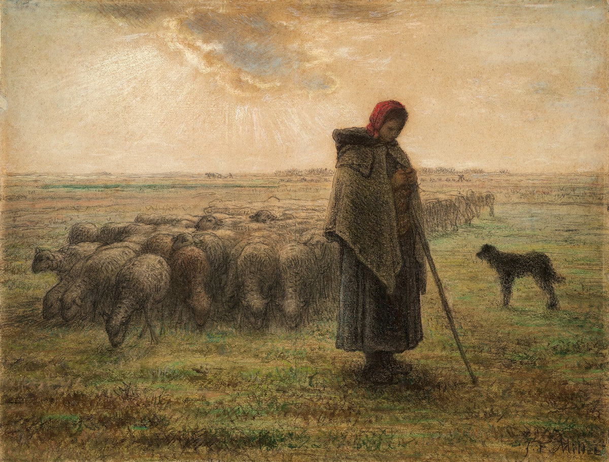 Shepherdess with Her Flock (Pastel Study) – Jean-François Millet, c. 1862-1864, framed