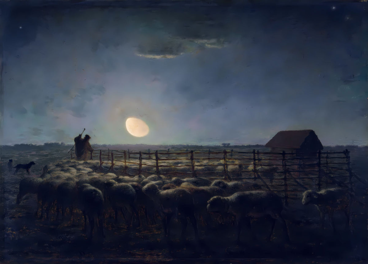 The Sheepfold, Moonlight – Jean-François Millet, c. 1856-1860, framed