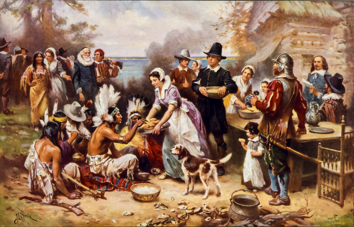 The First Thanksgiving, 1621 – Jean Léon Gérôme Ferris, 1912, framed