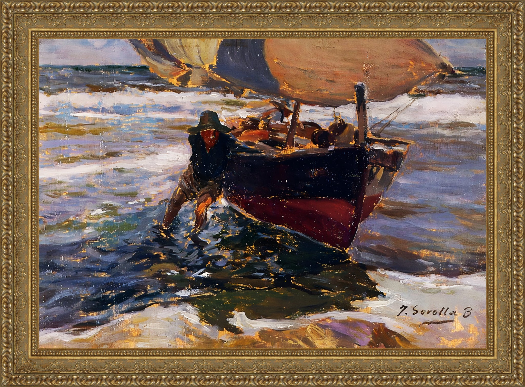 Beaching the Boat – Estate – Gold Frame by Sorolla