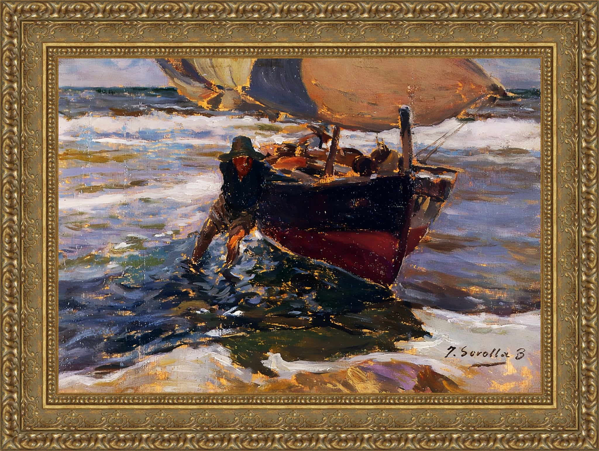 Beaching the Boat – Large – Gold Frame by Sorolla