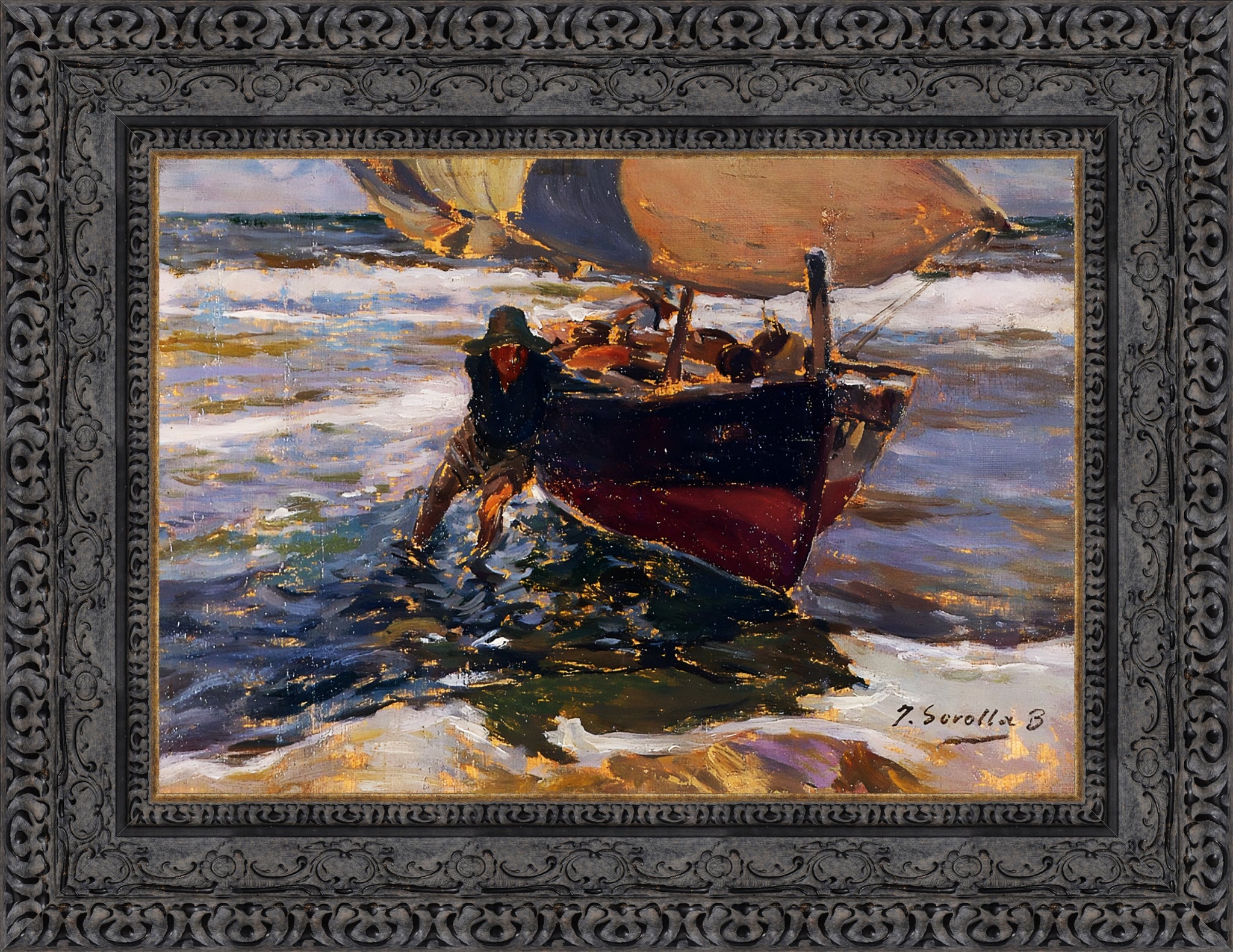 Beaching the Boat – Medium – Dark Bronze Frame by Sorolla