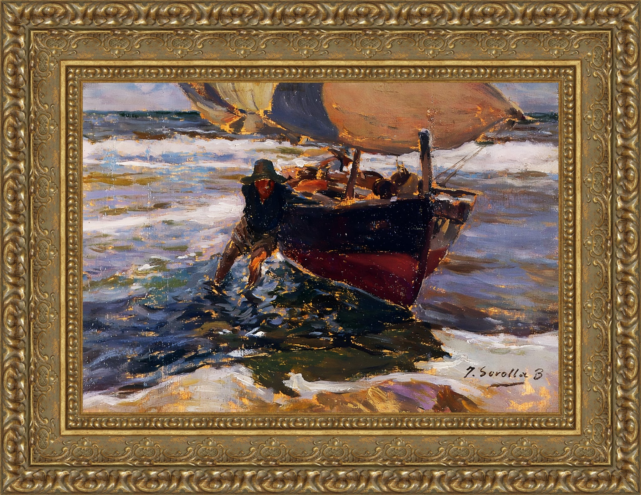 Beaching the Boat – Medium – Gold Frame by Sorolla