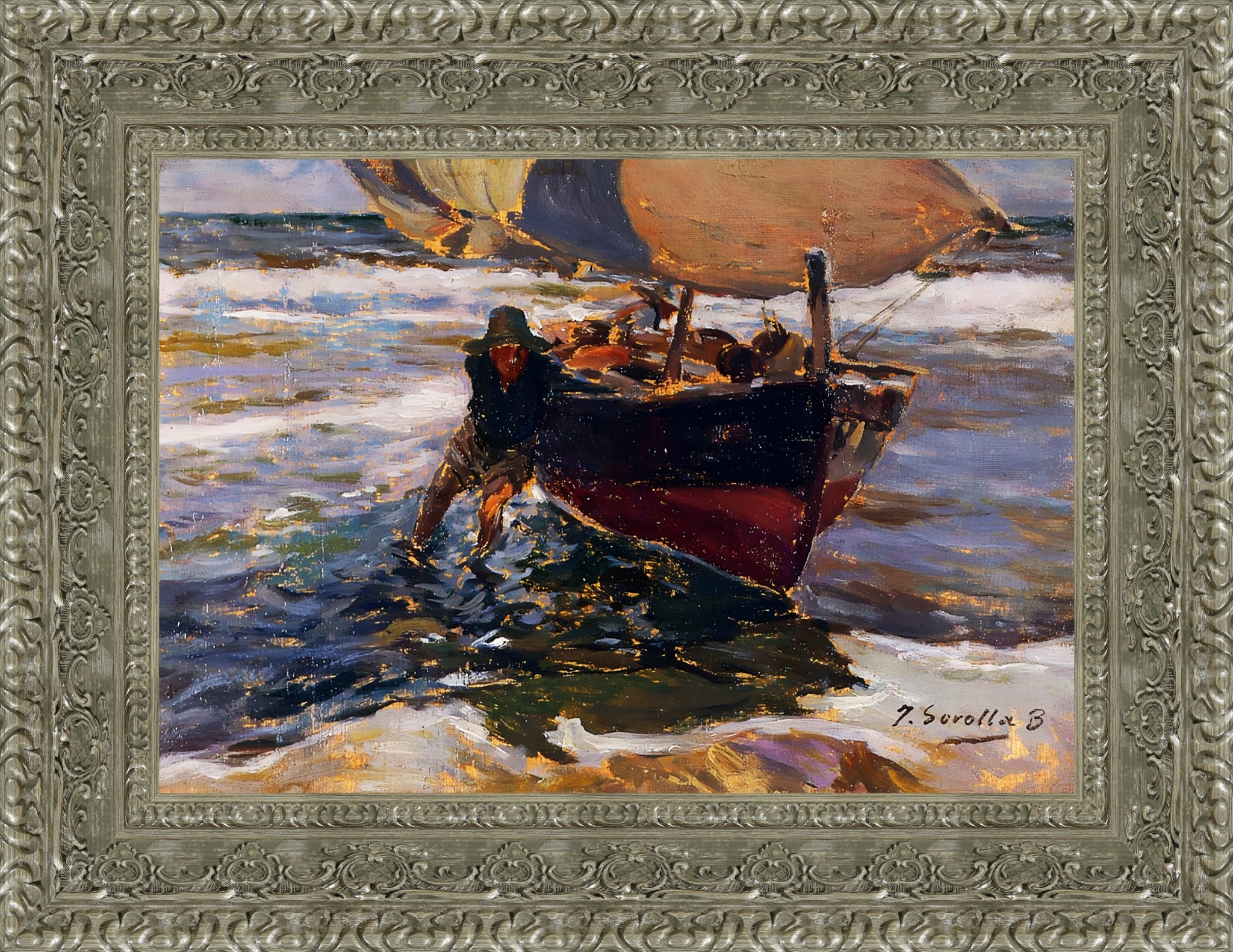 Beaching the Boat – Medium – Silver Frame by Sorolla