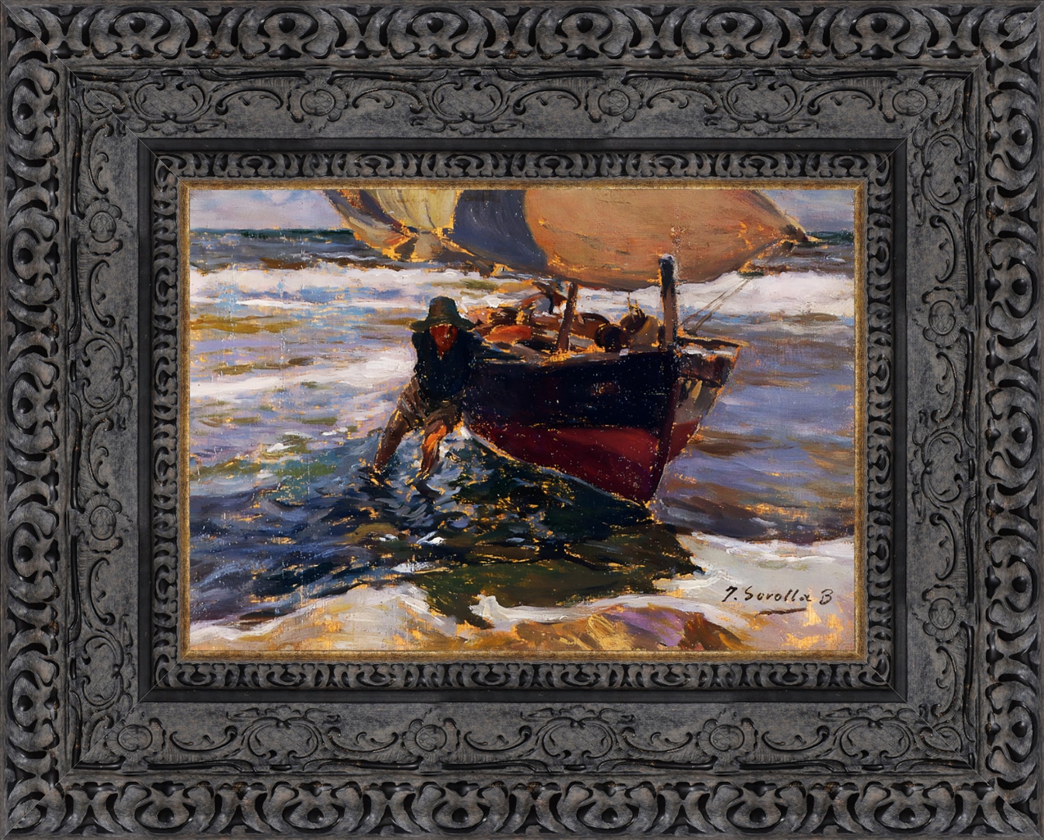 Beaching the Boat – Small – Dark Bronze Frame by Sorolla