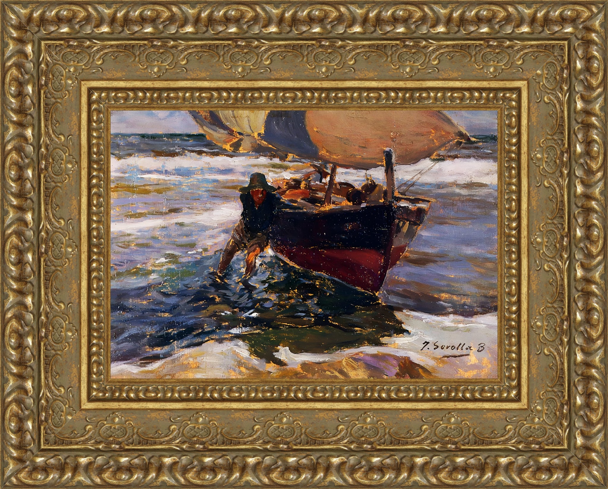 Beaching the Boat – Small – Gold Frame by Sorolla