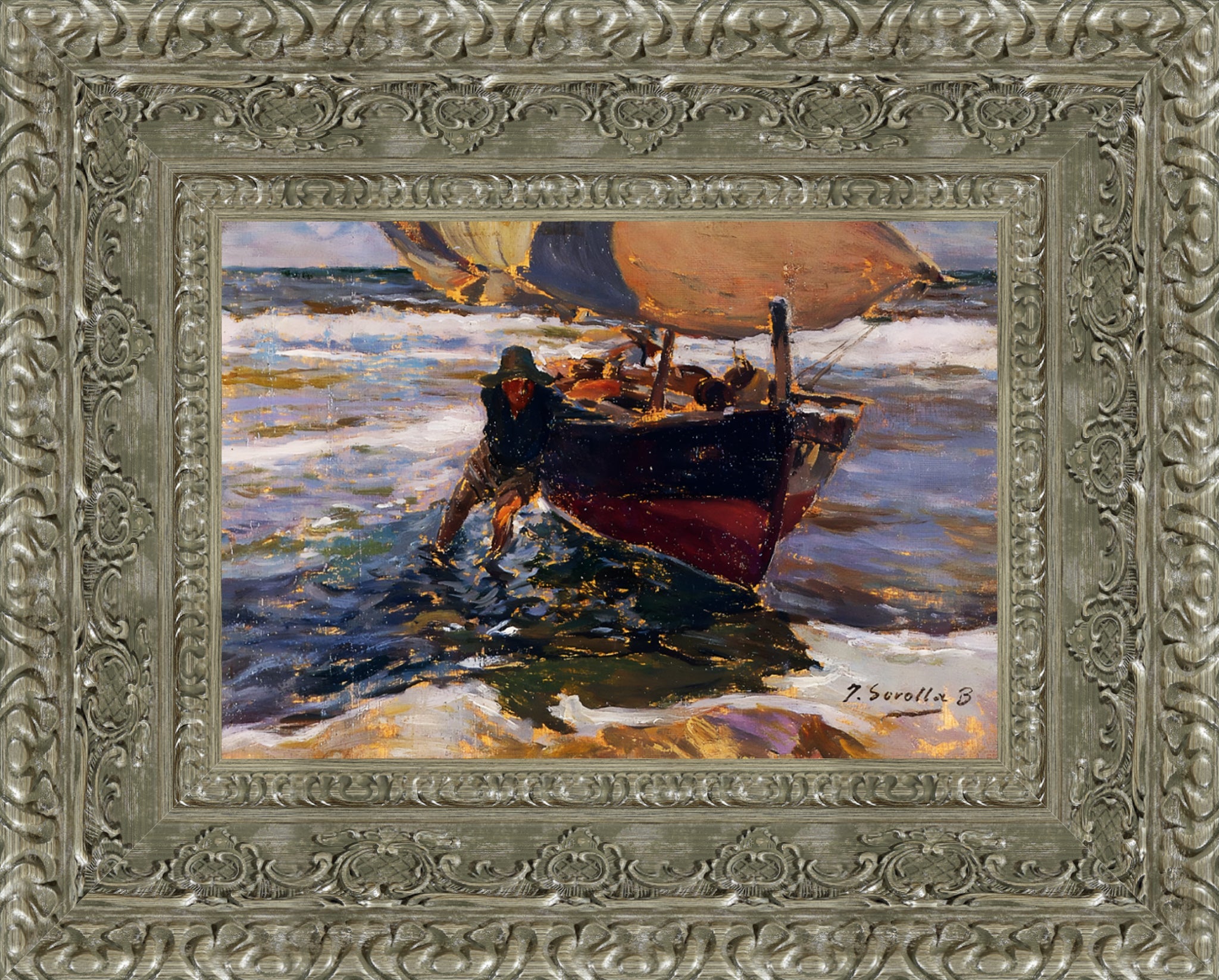 Beaching the Boat – Small – Silver Frame by Sorolla