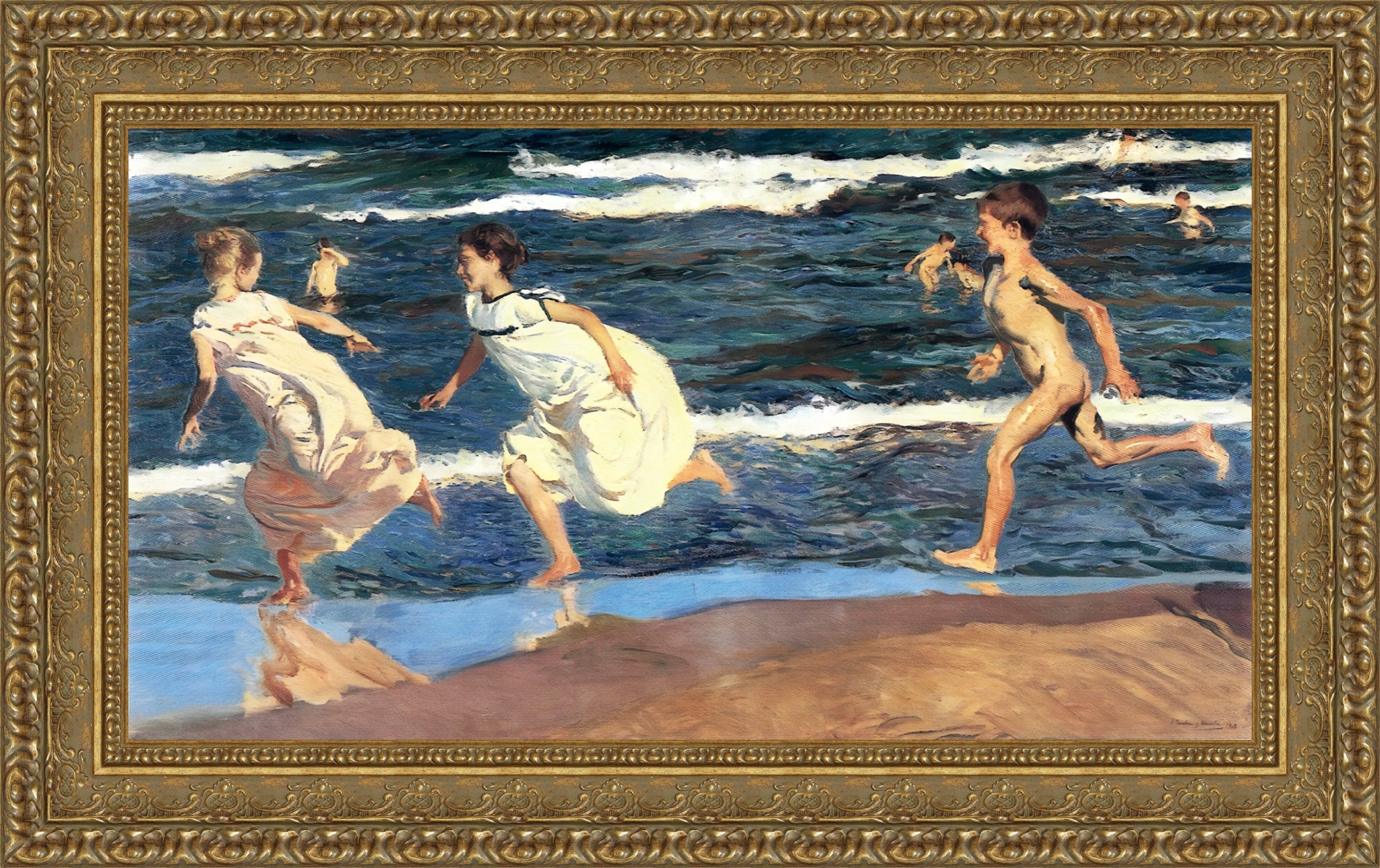 Running Along the Beach – Large – Gold Frame by Sorolla