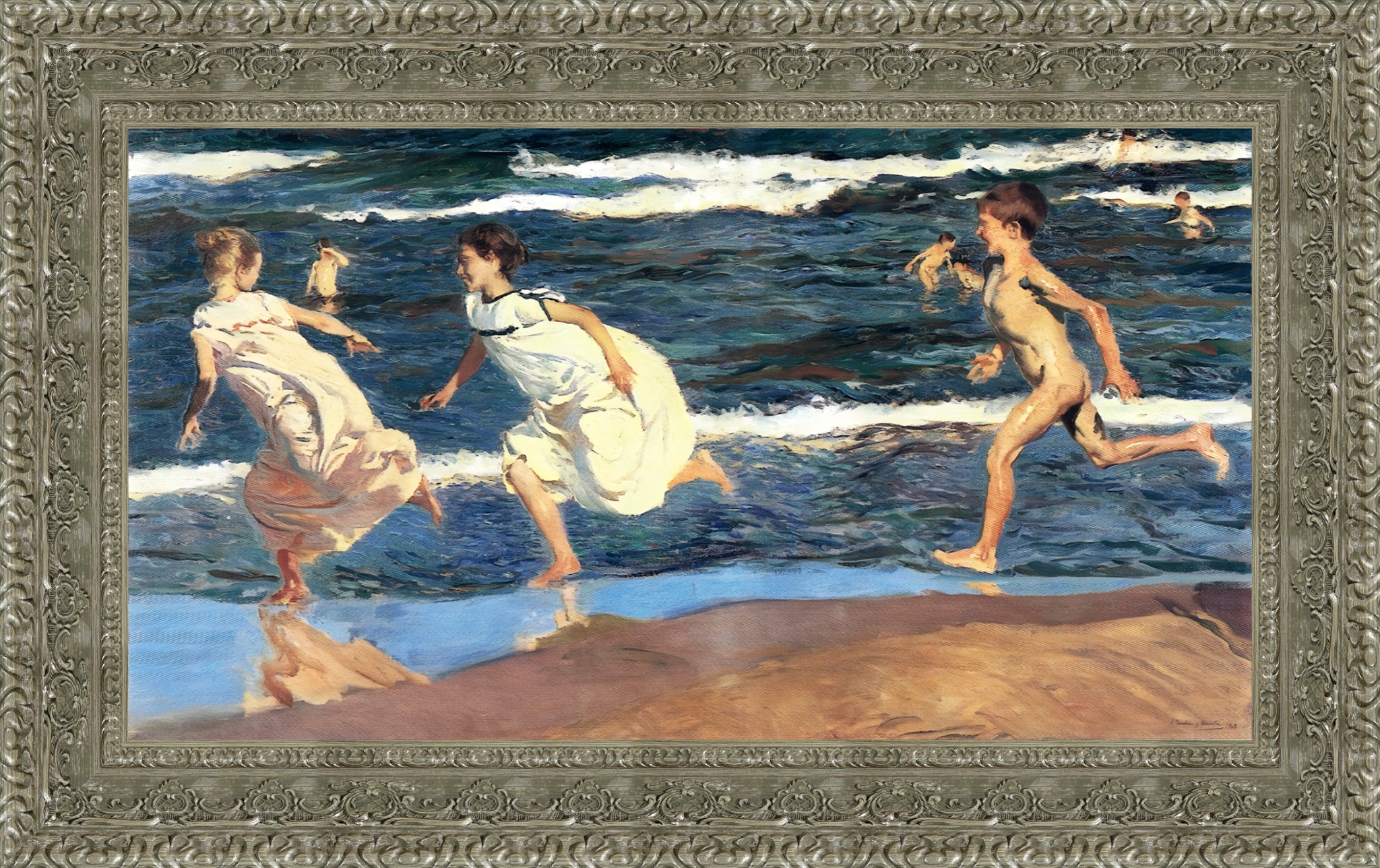 Running Along the Beach – Large – Silver Frame by Sorolla