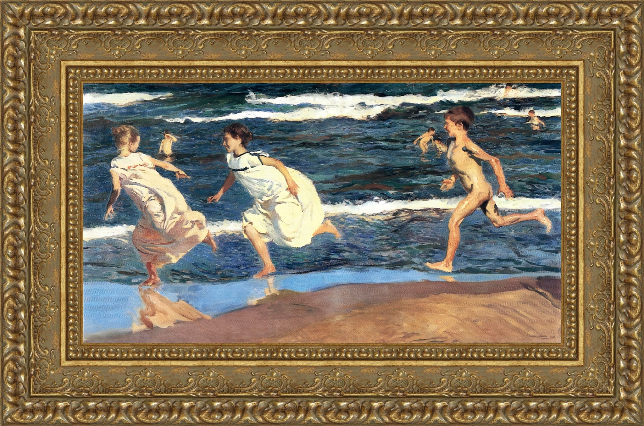 Running Along the Beach – Medium – Gold Frame by Sorolla