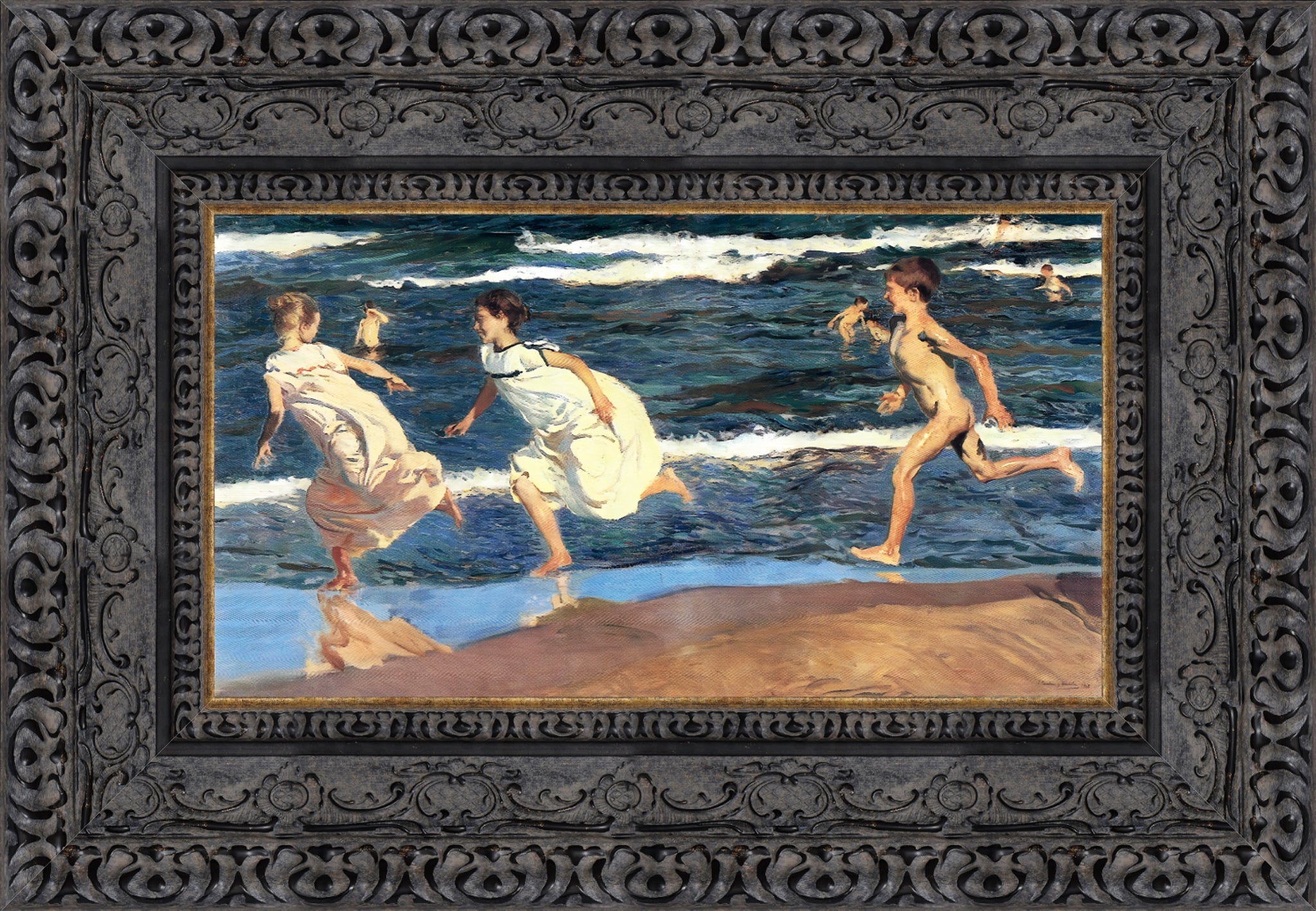 Running Along the Beach – Small – Dark Bronze Frame by Sorolla