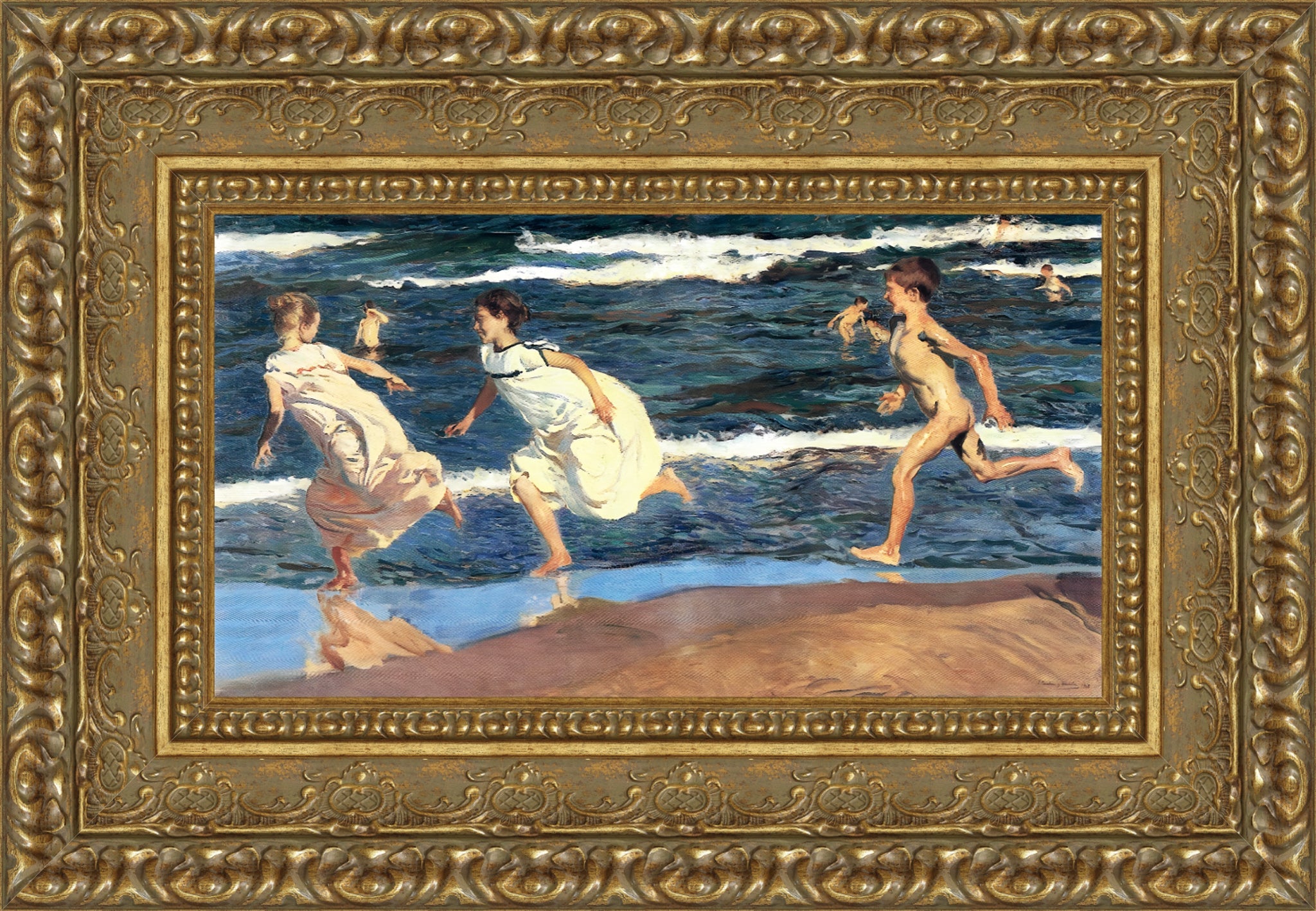 Running Along the Beach – Small – Gold Frame by Sorolla