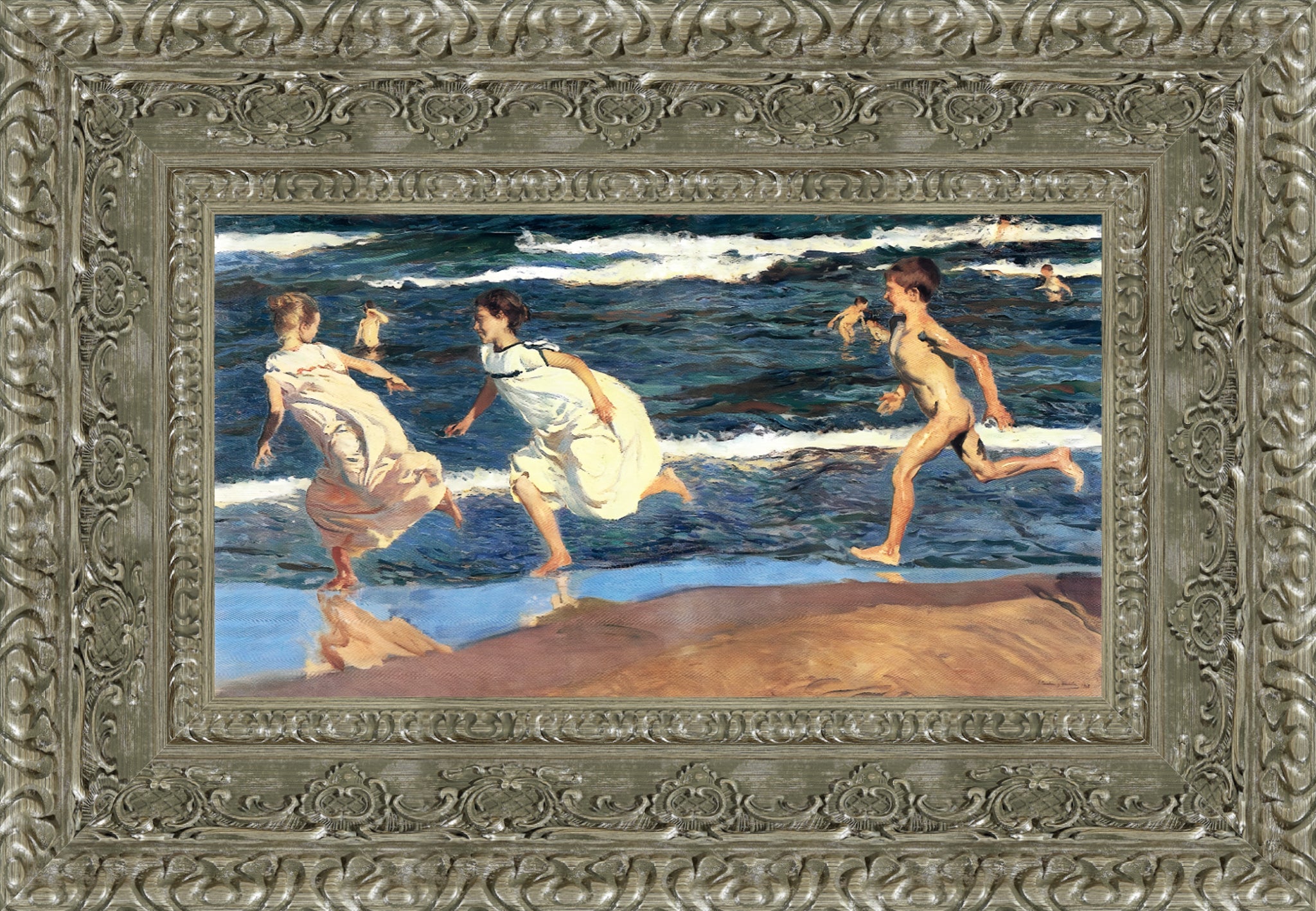 Running Along the Beach – Small – Silver Frame by Sorolla