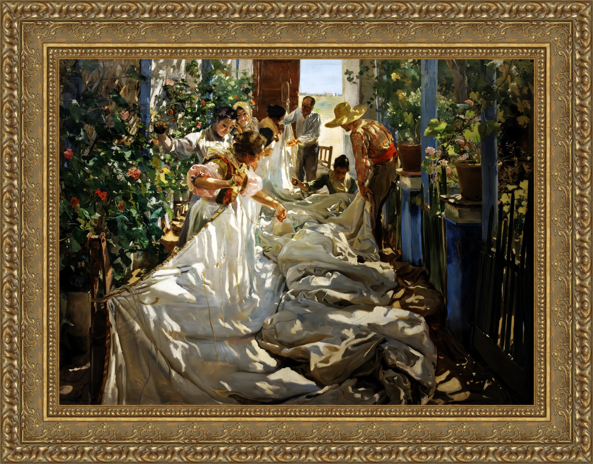 Sewing the Sail – Large – Gold Frame by Sorolla
