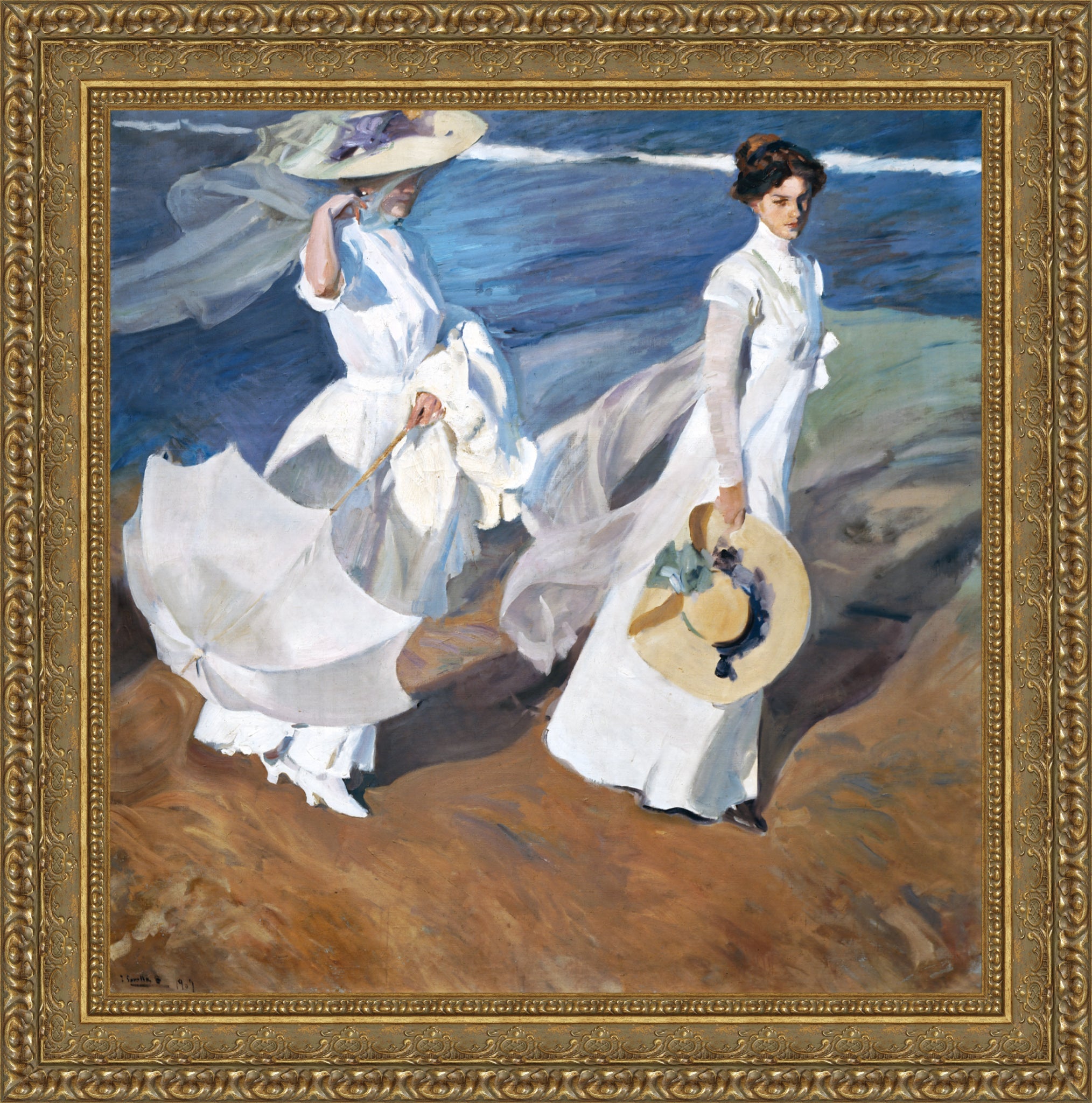 Strolling Along the Seashore – Estate – Gold Frame by Sorolla