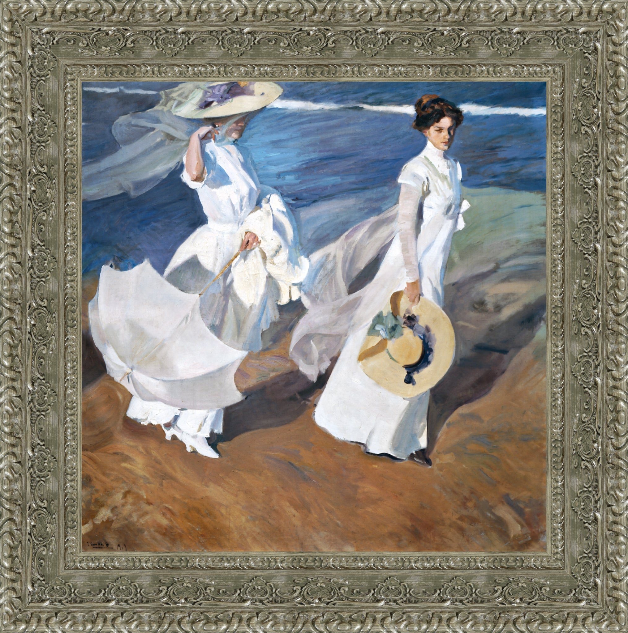 Strolling Along the Seashore – Large – Silver Frame by Sorolla