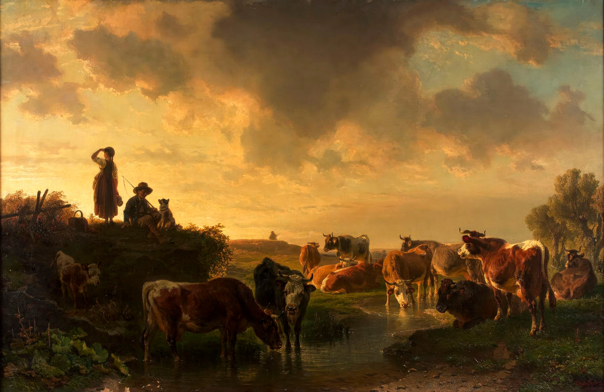 Evening on the Pasture (Abend auf der Viehweide) – Johann Friedrich Voltz, 1860, framed