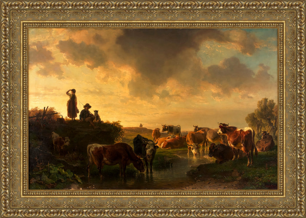 Evening on the Pasture (Abend auf der Viehweide) by Johann Friedrich Voltz — Framed Giclee Canvas Print | Canvas Classics