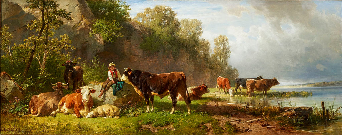 Young Shepherd with Cattle at the Lakeshore (Junger Hirte mit Rindern am Seeufer) – Johann Friedrich Voltz, 1854, framed