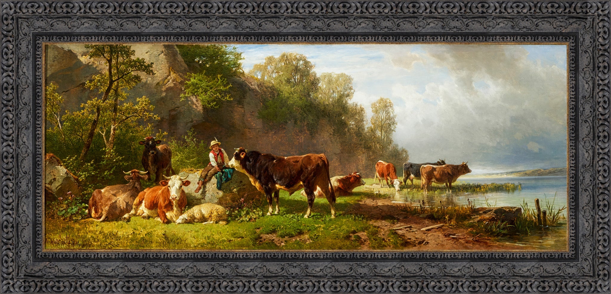 Junger Hirte Mit Rindern Am Seeufer