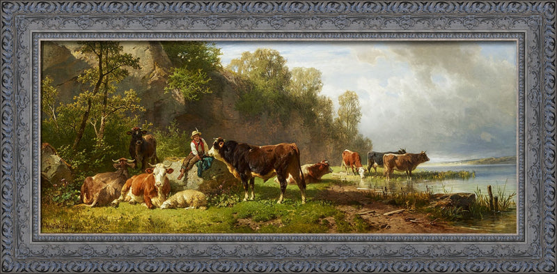 Young Shepherd with Cattle at the Lakeshore (Junger Hirte mit Rindern am Seeufer) – Johann Friedrich Voltz, 1854