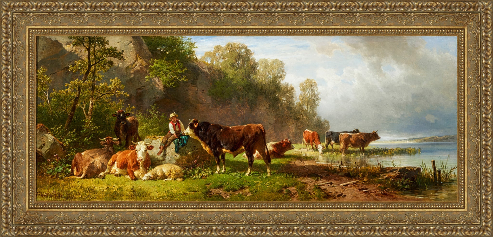 Junger Hirte Mit Rindern Am Seeufer