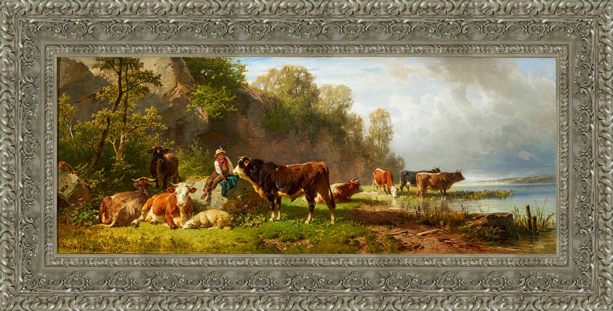 Junger Hirte Mit Rindern Am Seeufer