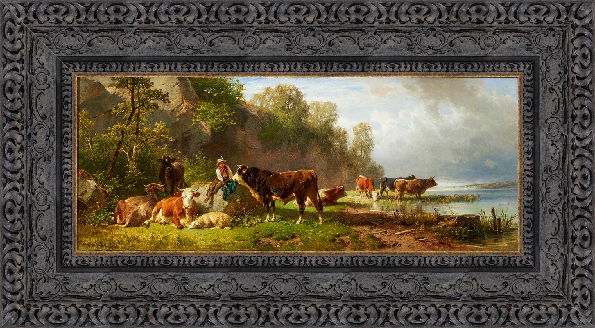 Junger Hirte Mit Rindern Am Seeufer