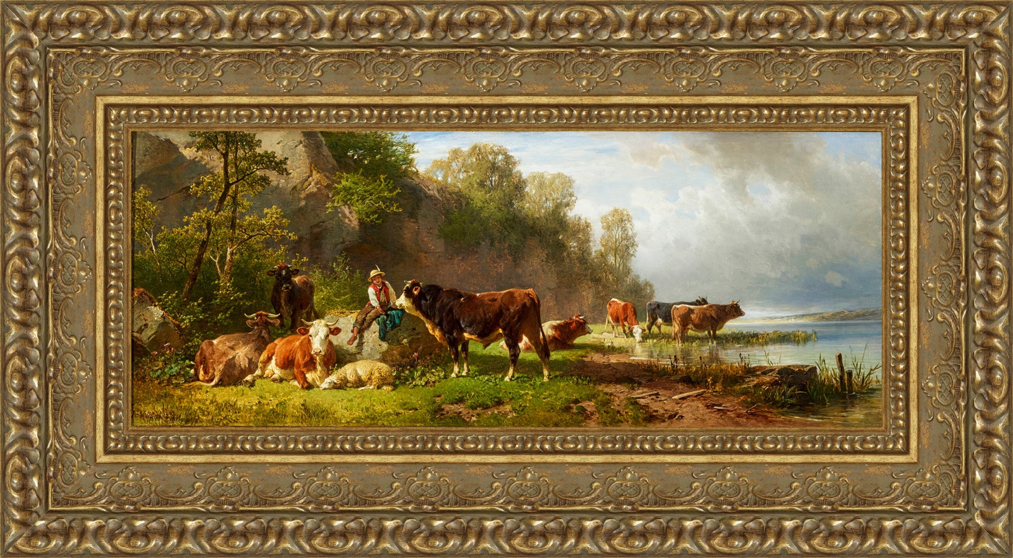 Junger Hirte Mit Rindern Am Seeufer