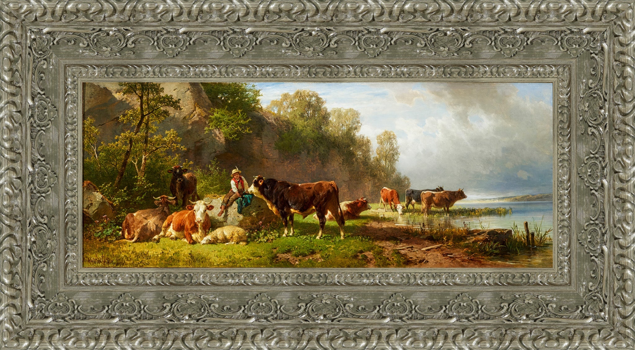 Junger Hirte Mit Rindern Am Seeufer