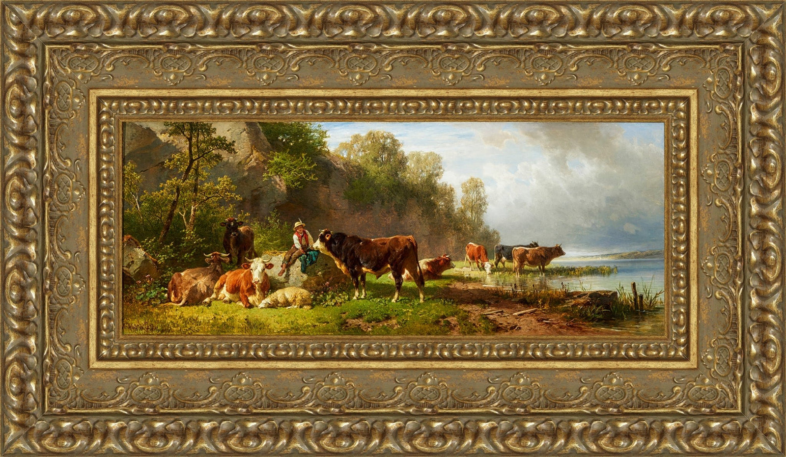 Young Shepherd with Cattle at the Lakeshore (Junger Hirte mit Rindern am Seeufer) – Johann Friedrich Voltz, 1854