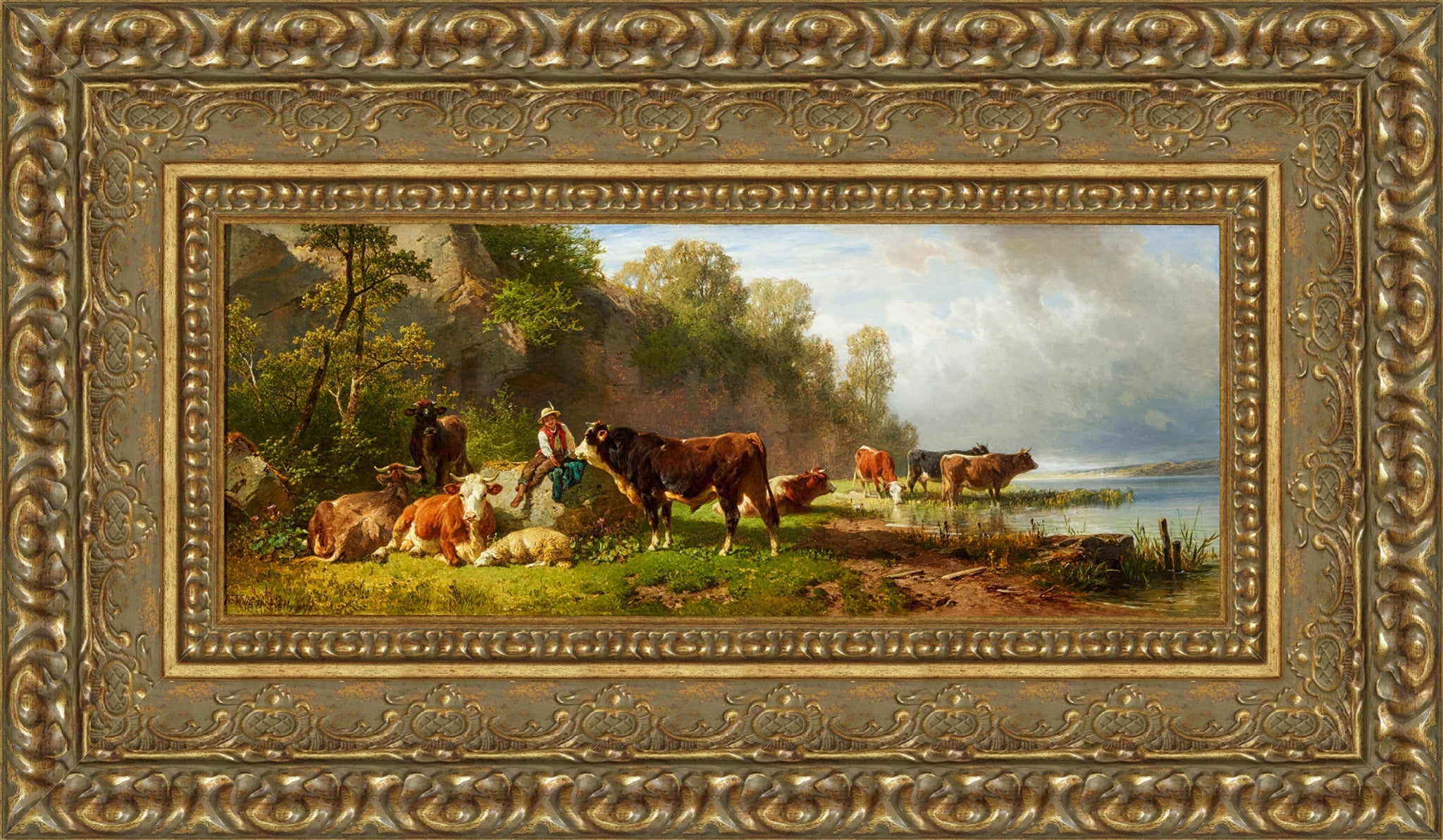 Junger Hirte Mit Rindern Am Seeufer