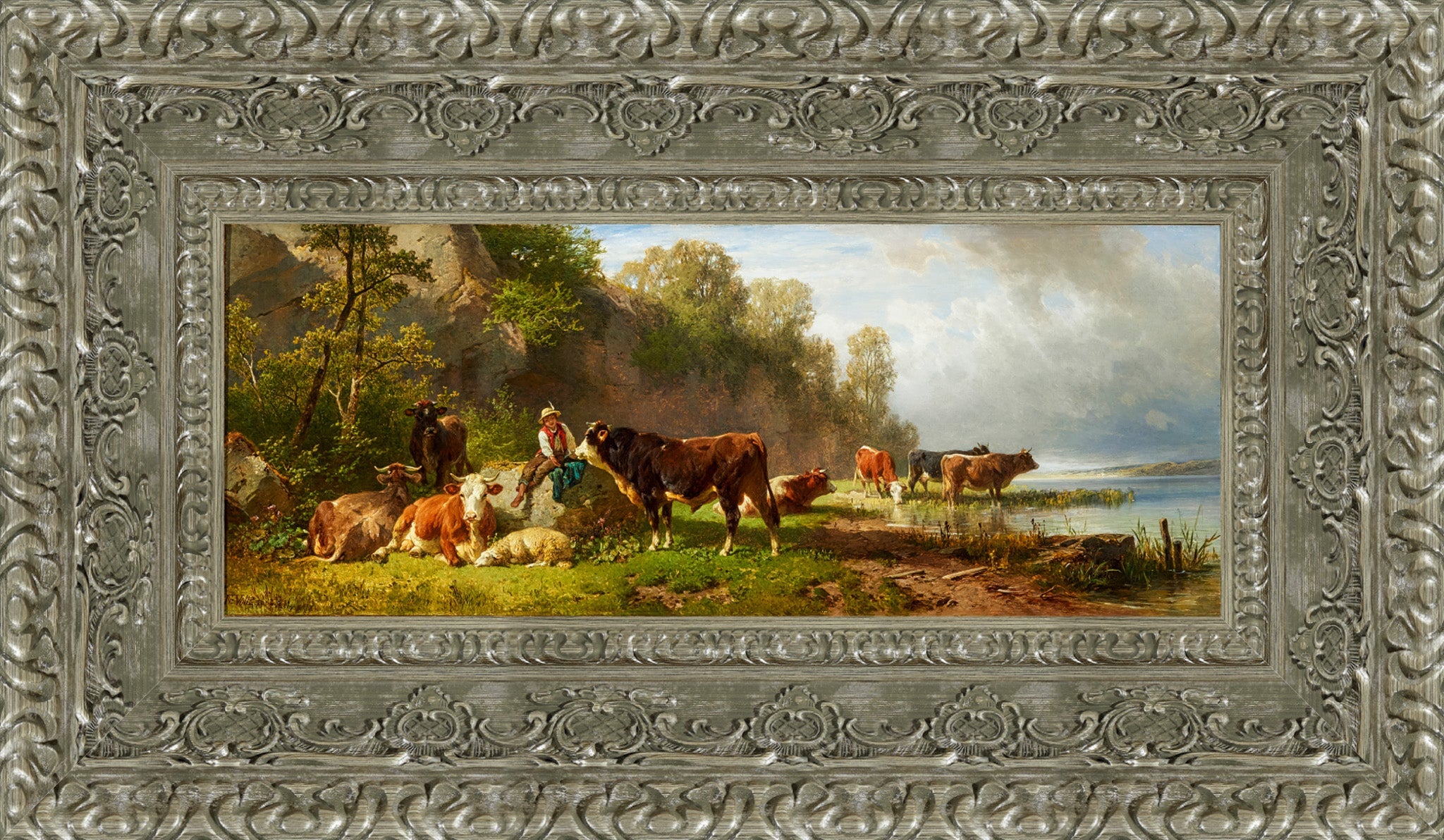 Junger Hirte Mit Rindern Am Seeufer