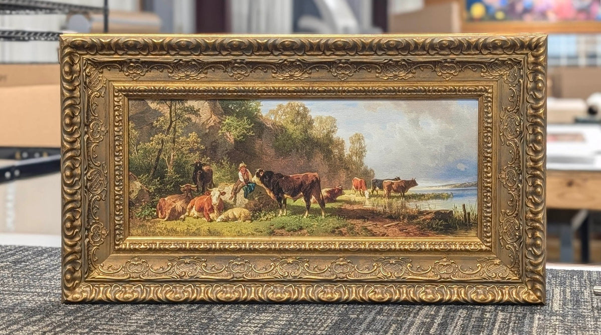 Young Shepherd with Cattle at the Lakeshore (Junger Hirte mit Rindern am Seeufer) – Johann Friedrich Voltz, 1854 - Canvas Classics