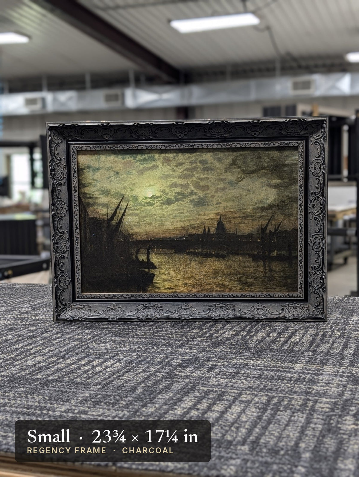 The Thames By Moonlight – John Atkinson Grimshaw, 1880, Small Regency Charcoal frame, photographed on our worktable